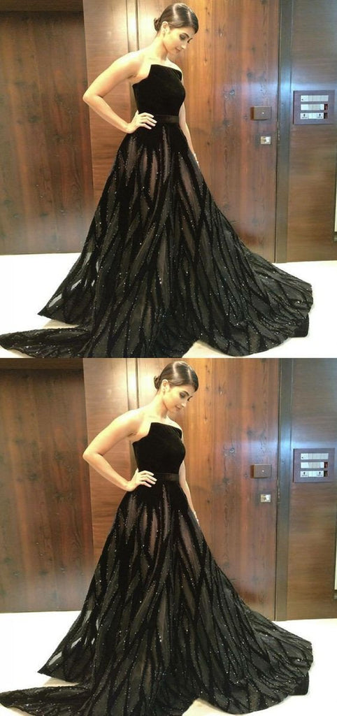 Unique A Line Black Strapless Long Prom Dresses With Beading DMF50