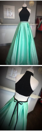High Neck Two Piece Black And Mint Green Beads Long Prom Dress DMF31