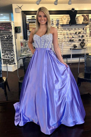 Elegant Taffeta Sweetheart Strapless Lavender A-line Prom Dresses With Beading DMF72