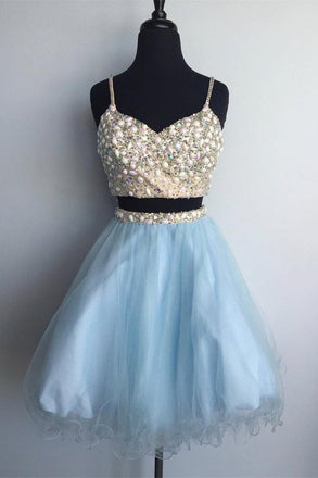 Two Piece A-line Spaghetti Strap Mini Tulle Short Homecoming Dresses DMD82