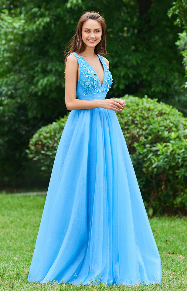 Blue V Neck A Line Sleeveless Appliques Backless Floor Length Prom Dresses DME28