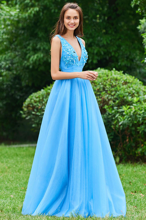 Blue V Neck A Line Sleeveless Appliques Backless Floor Length Prom Dresses DME28