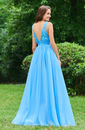 Blue V Neck A Line Sleeveless Appliques Backless Floor Length Prom Dresses DME28