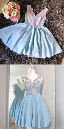 Cute V-Neck A Line Light Blue Short Homecoming Dress with Appliques DMD44