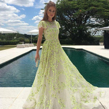 A-Line Lace Cap Sleeves Daffodil Tulle Long Prom Dress with Appliques DME46