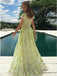 A-Line Lace Cap Sleeves Daffodil Tulle Long Prom Dress with Appliques DME46