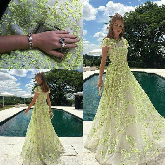 A-Line Lace Cap Sleeves Daffodil Tulle Long Prom Dress with Appliques DME46