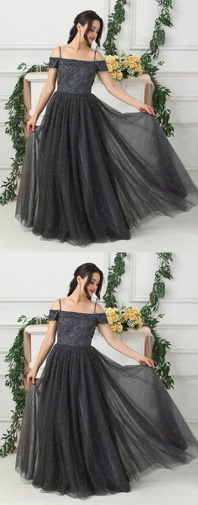 Grey Tulle A Line Beads Long Prom Dress,Evening Dresses DME88