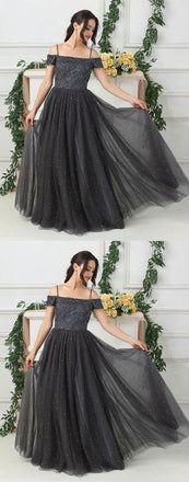 Grey Tulle A Line Beads Long Prom Dress,Evening Dresses DME88