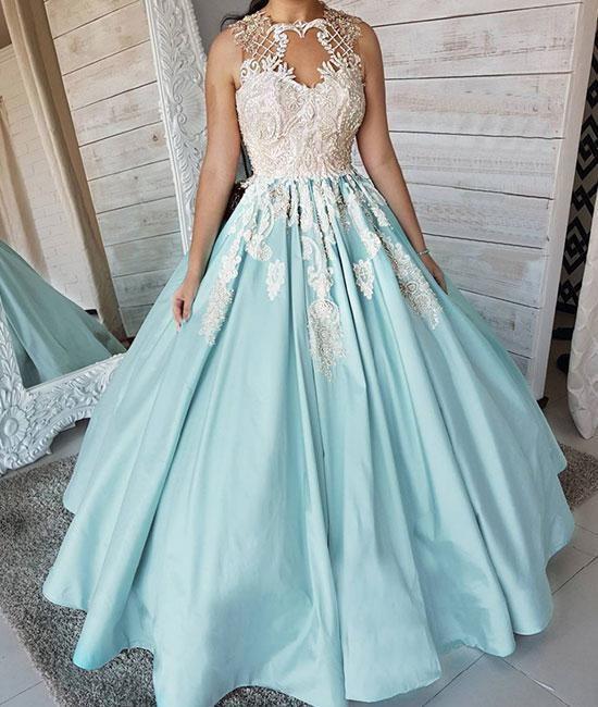 Unique Satin Appliques Long Sleeveless Ball Gown Prom Dress DMF11