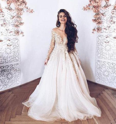 A-Line Long Sleeves Tulle Prom Dress with Appliques, Wedding Dresses DMF18