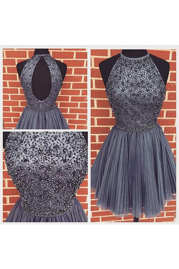 New Arrival Open Back Gray Tulle Short Prom Dresses Homecoming Dress DMJ92