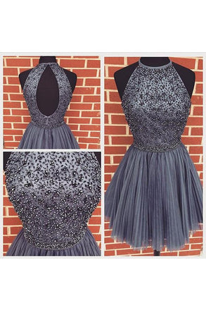 New Arrival Open Back Gray Tulle Short Prom Dresses Homecoming Dress DMJ92