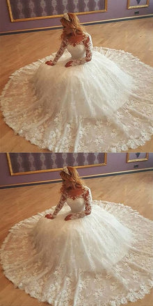 Stunning Tulle Bateau Long Sleeves Ball Gown Wedding Dress With Lace Appliques DMF24