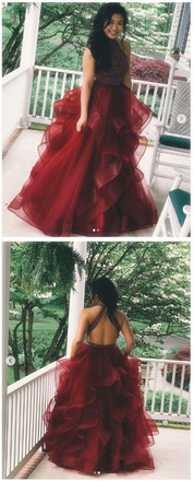 Cheap Burgundy A Line Beading Long Prom Dresses With Ruffles DMF52