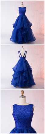 Fashion A-Line Bateau Long Royal Blue Organza Prom Dress with Beading DMF64