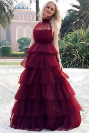 Burgundy Tulle Tiered High Neck Long Elegant Prom Dresses DMG15