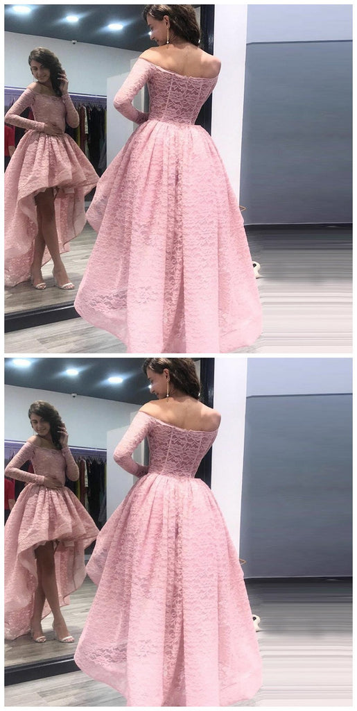 Fashion A-Line Off the Shoulder High Low Long Sleeves Pink Lace Prom Dress DMF54