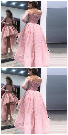 Fashion A-Line Off the Shoulder High Low Long Sleeves Pink Lace Prom Dress DMF54