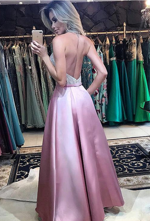 Stunning Beading Pink Halter Backless Prom Dresses With Pockets DMG1