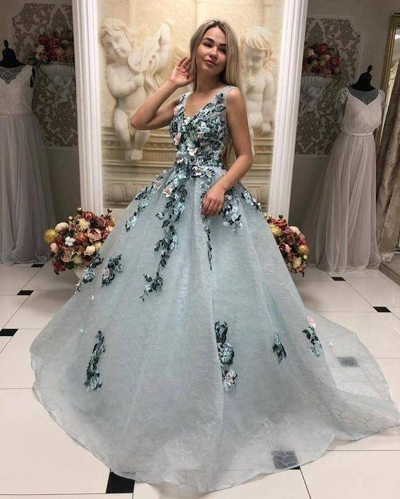 A Line V Neck Long Prom Gown With Appliques, Formal Evening Dress DML31