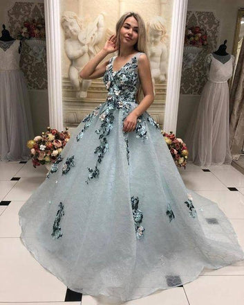 A Line V Neck Long Prom Gown With Appliques, Formal Evening Dress DML31
