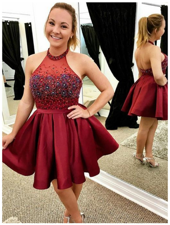 Burgundy Halter Sleeveless Backless A Line Homecoming Dresses DML81