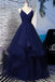 Tired Navy Blue A Line Spahetti Straps Long Evening Gown Prom Dress DMP035