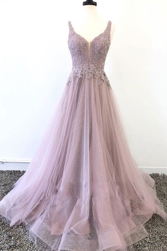 Unique V neck Tulle Lace Appliques Long Prom Dress, A Line Evening Dress DM2029