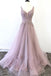 Unique V neck Tulle Lace Appliques Long Prom Dress, A Line Evening Dress DM2029