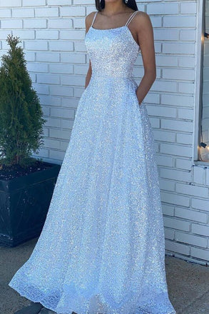 White Sequin A Line Long Prom Dress with Pockets Formal Evening Party Gown DMP178