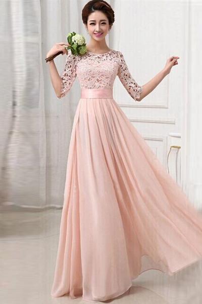Half Sleeves Pink Lace Chiffon Bridesmaid Dresses,Simple Prom Dresses DMO82