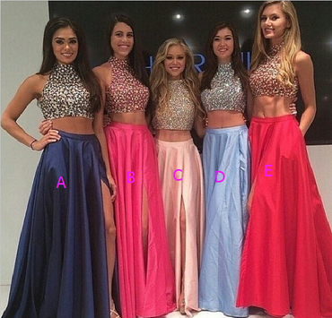 High Neck Two Piece Pink Taffeta Long  Beading Sexy Prom Dresses,2 Pieces Split Evening Dress DM158