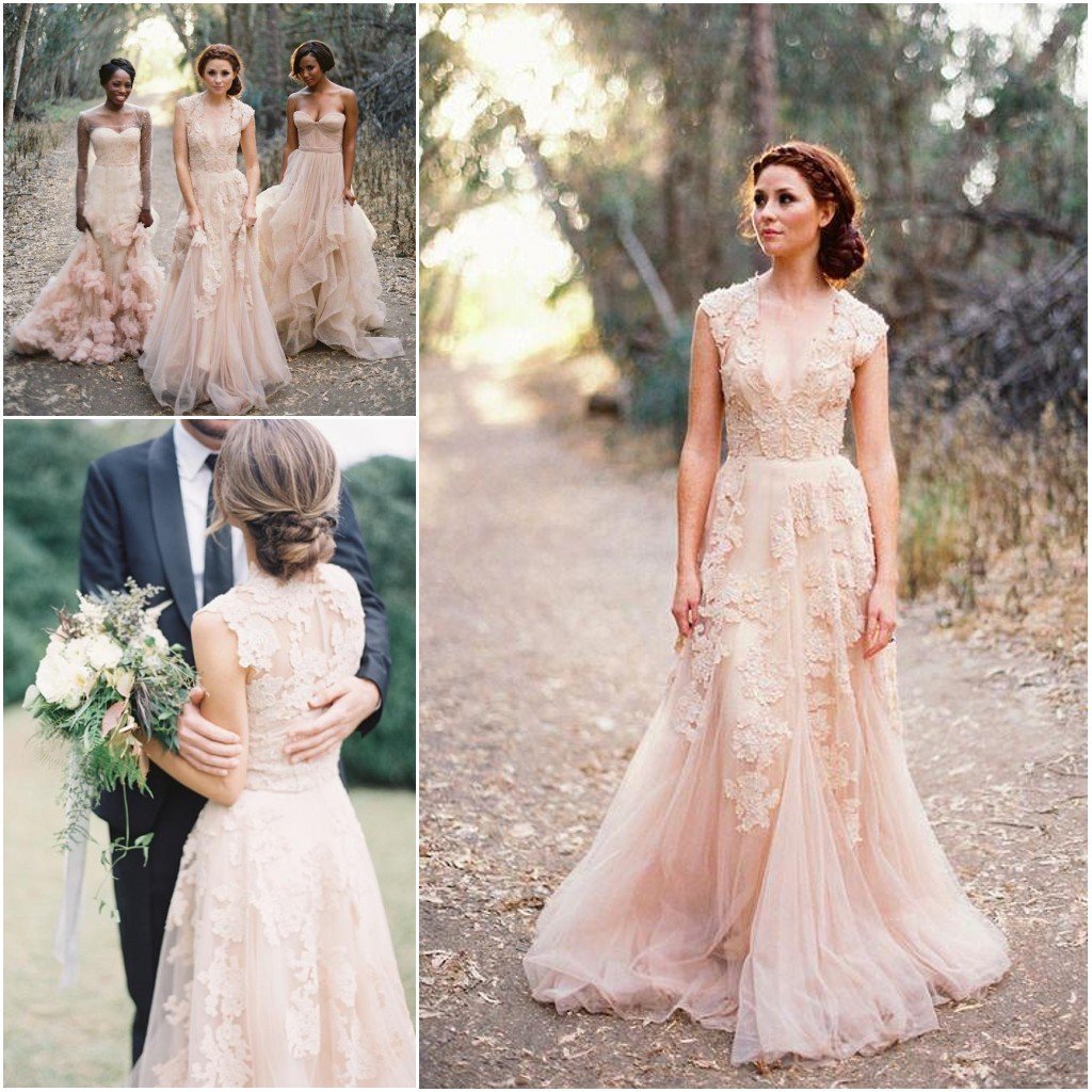 Pearl Pink A Line V-neck Sleeveless Floor-Length Tulle Wedding Dress With Lace Appliques DM379