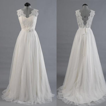 Princess A Line V Neck Ball Gown White Lace Tulle Wedding Dresses With Flowers Belt DM183
