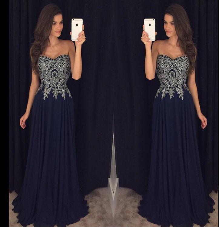 Sweetheart Navy Blue Appliques Chiffon Long Prom Gown DM866