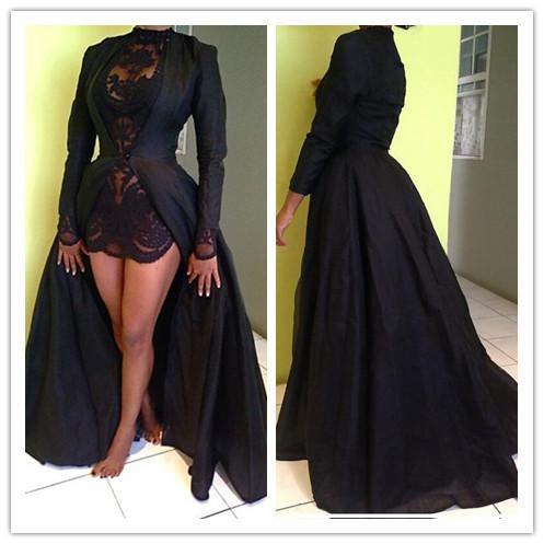 Vintage Long Sleeve Sexy Black A-Line Lace Satin Prom Dresses DME16
