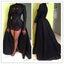 Vintage Long Sleeve Sexy Black A-Line Lace Satin Prom Dresses DME16
