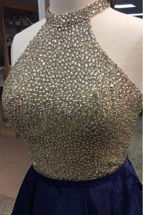 Dark Blue Satin Beading Sequins Halter A-line Short Homecoming/Prom Dresses,Club Dresses DM319