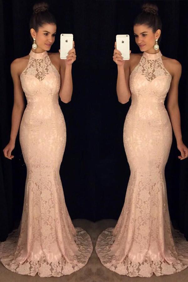 New Arrival Pink Lace High Neck Mermaid Prom Dresses DM129