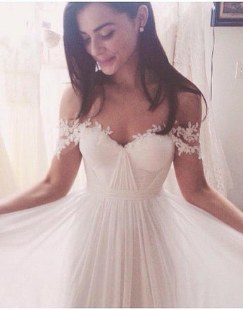 Simple White Long A Line Wedding Dress, Chiffon Off the Shoulder Wedding Dresses DM160