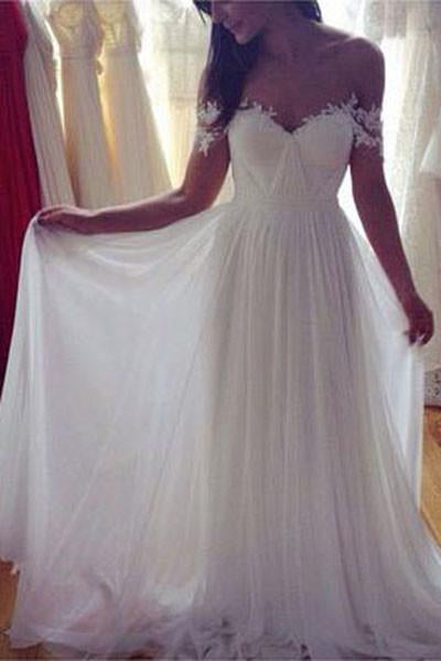 Simple White Long A Line Wedding Dress, Chiffon Off the Shoulder Wedding Dresses DM160