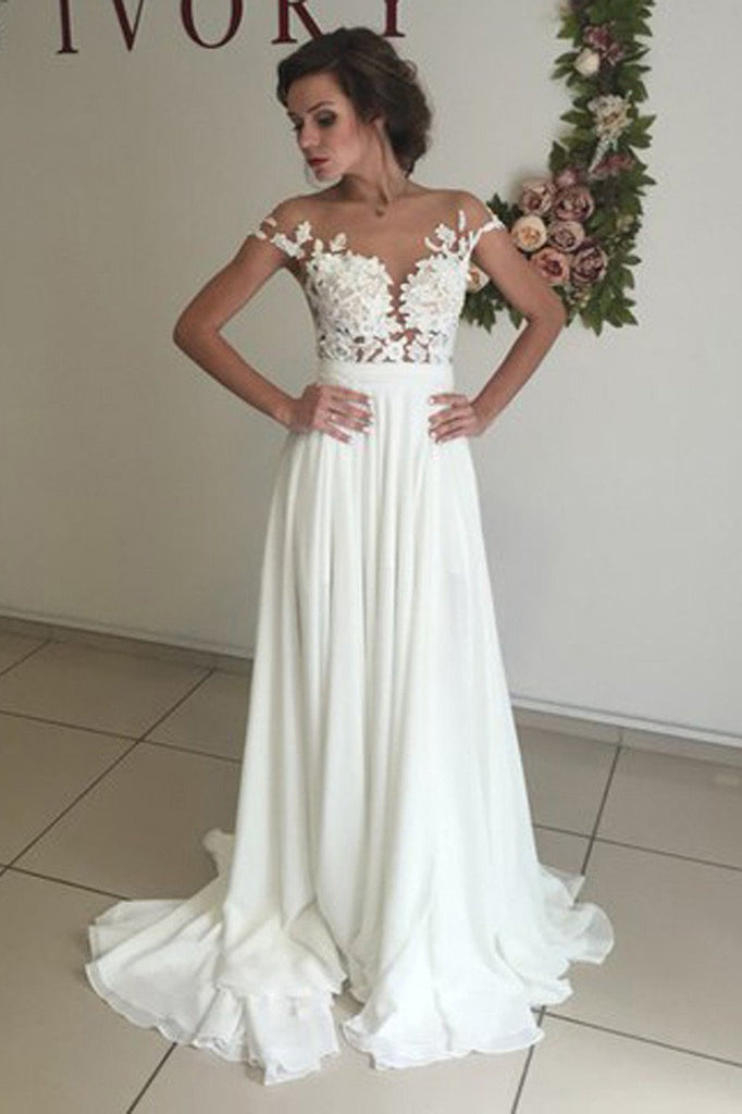Elegant White Chiffon Wedding Dresses with Appliques, Sweep Train A Line Wedding Dress
