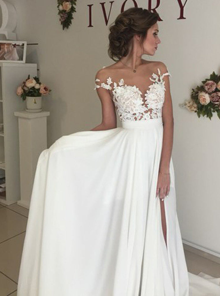 Elegant White Chiffon Wedding Dresses with Appliques, Sweep Train A Line Wedding Dress