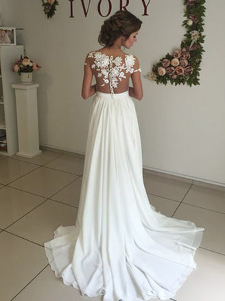 Elegant White Chiffon Wedding Dresses with Appliques, Sweep Train A Line Wedding Dress