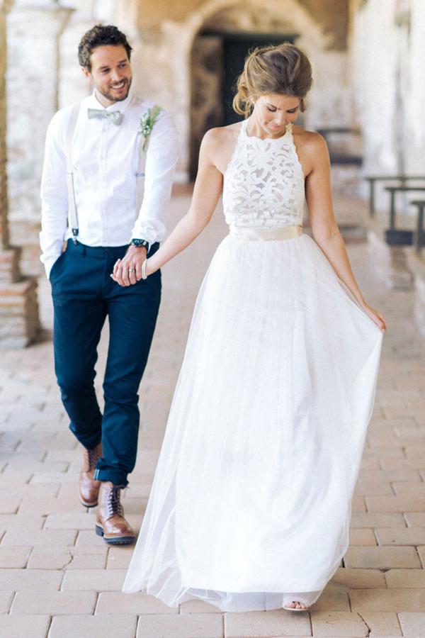 Simple Jewel Sleeveless Long Lace White Tulle A-line Wedding Dresses DM164
