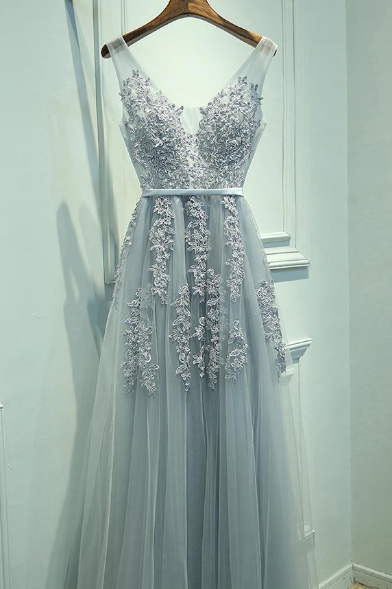 Gray Tulle Long V-neck Evening Dresses, A Line Applique Prom Dress DMP166