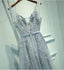 Gray Tulle Long V-neck Evening Dresses, A Line Applique Prom Dress DMP166
