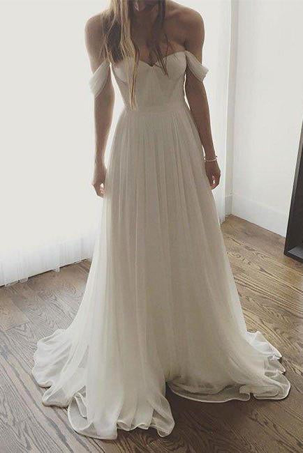 Ivory Chiffon Long Off The Shoulder Wedding Dresses, Simple Long Prom Dress DM169