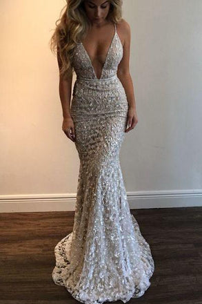 Mermaid stunning Spaghetti Straps Prom Dress,Beading Lace V-neck Prom Dress Sexy Wedding Dress DM171